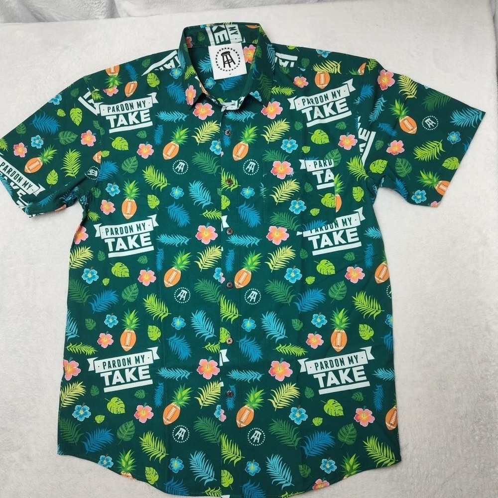 Barstool Sports Shirt Mens M Green Tropical Pardon My Take Button Up Hawaiian